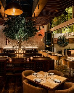 Interior of Toca Madera Scottsdale featuring wooden tables, leather chairs, ambient lighting, and a central tree decoration.